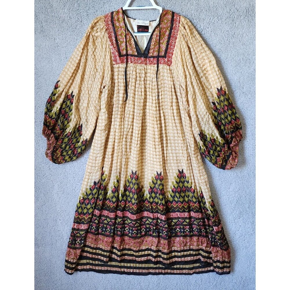 Vtg 70s Ritu Kumar Judith Ann Hand Block Printed Dress Balloon Sleeve Silk Sz XS